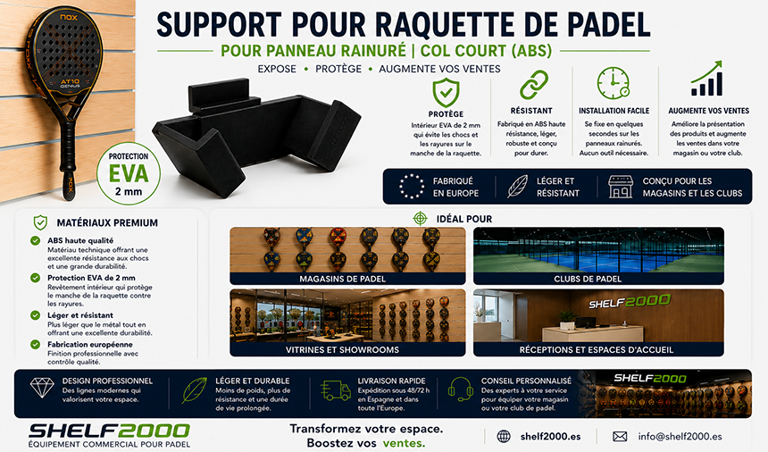 Suporte profissional para raquetes de padel em ABS com proteção EVA de 2 mm para painéis ranhurados, ideal para lojas de padel, clubes, vitrines, showrooms e áreas de receção.